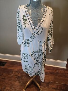 White Dress with Green Floral Print and Lace Trim